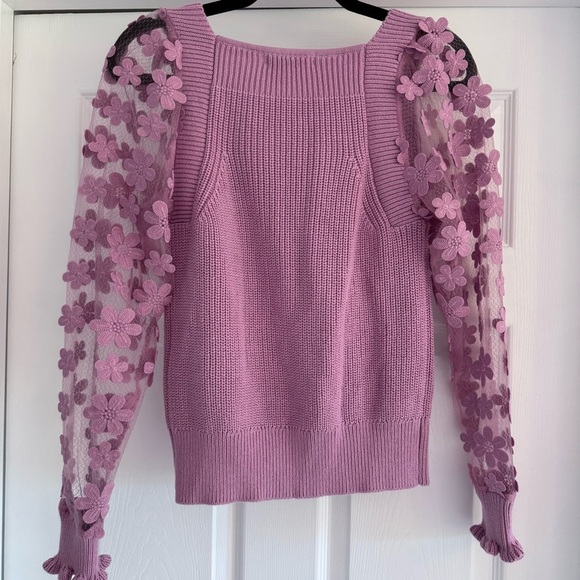 INDUSTRY Lilac Pink Cotton Knit Sweater Top w Sheer Floral Applique Sleeve S - Picture 6 of 12